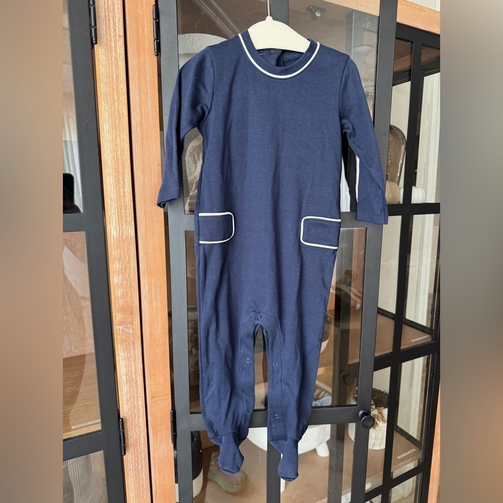 NEW Lila + Hayes preston footies romper navy long sleeve coverall baby boy